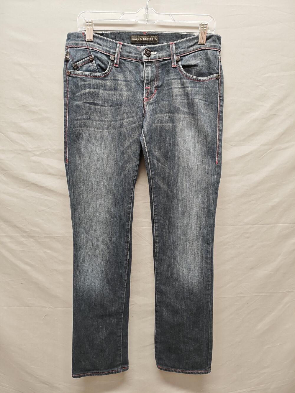 Rock & Republic Jeans Womens 28 Denim Straight Rhinestone Pockets Red Stitching